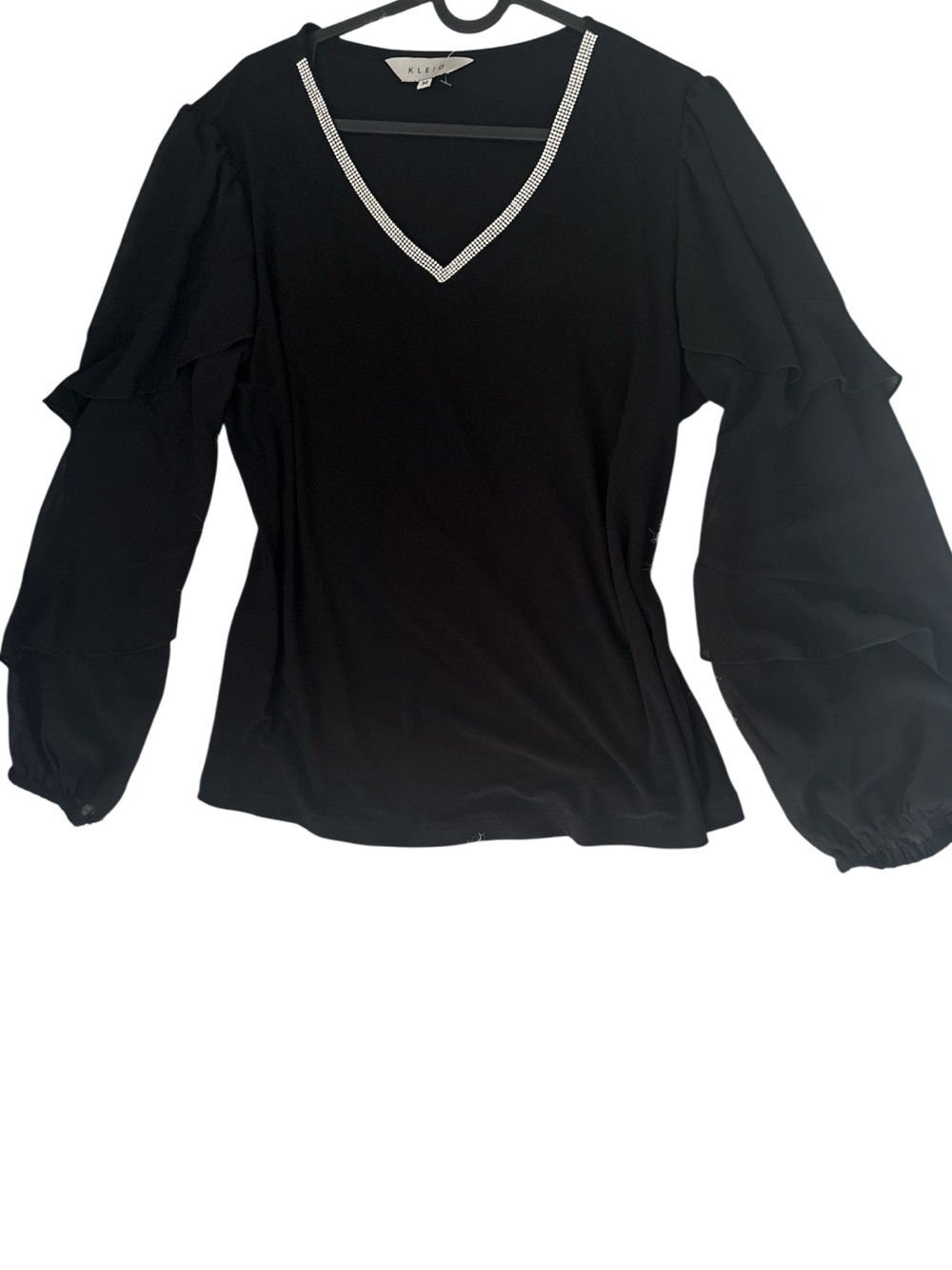 Kleio Black Elegant V Neck Blouse with Rhinestone Trim Sz Medium